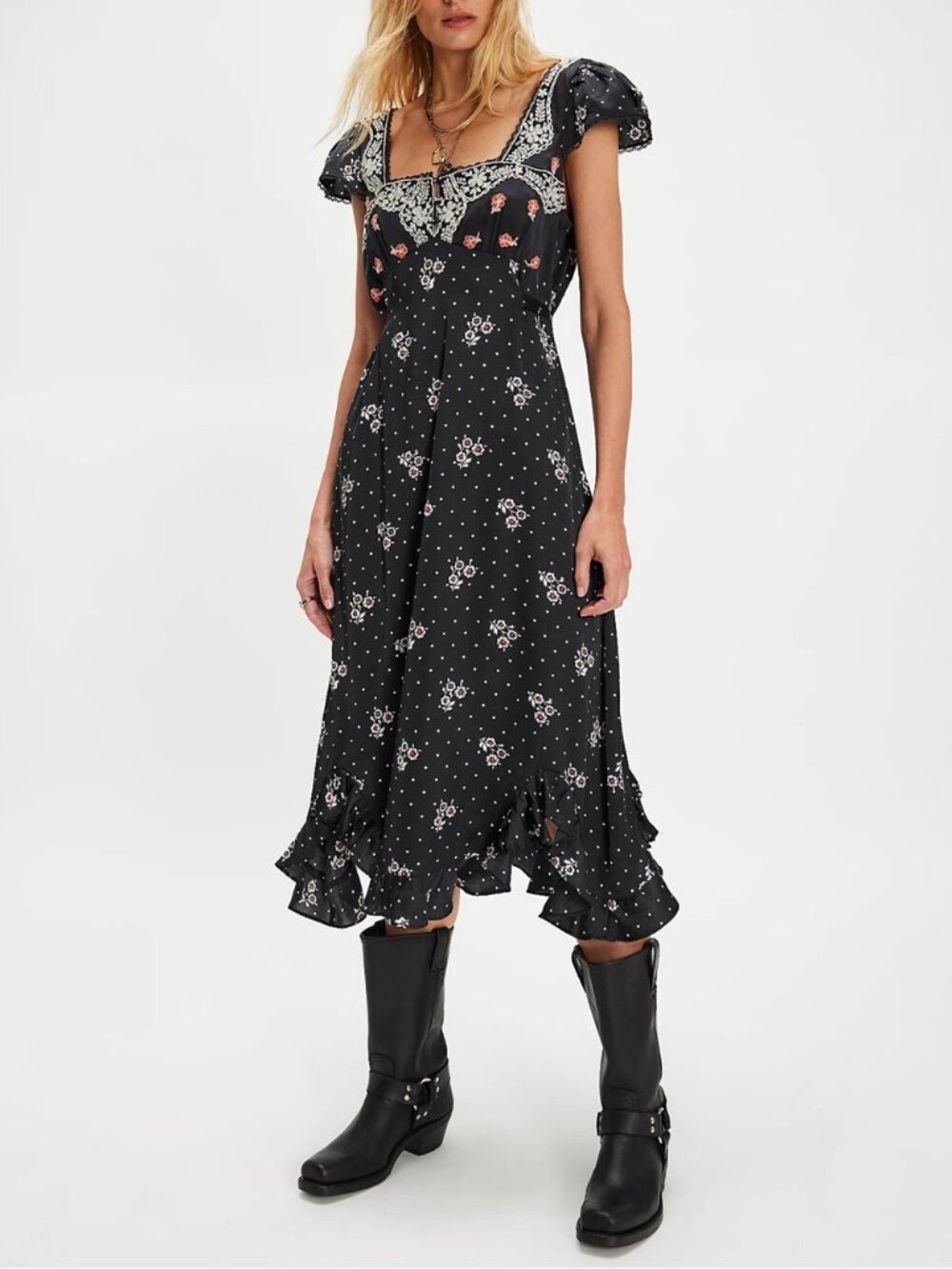 Free People Haven Embroidered Lace Trim Satin Midi Dress - Picture 2 of 7